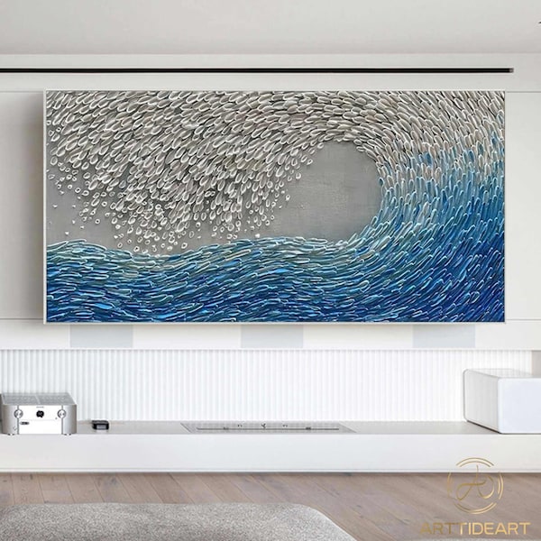 Textured Blue Wave Painting: Abstract Ocean Canvas Wall Art