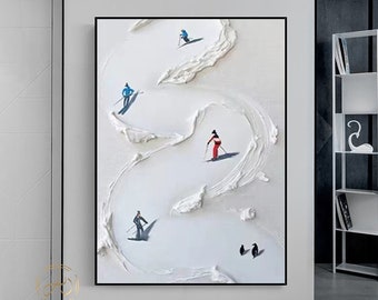 Original Ski Painting on Canvas: Snowy Mountain Texture Art