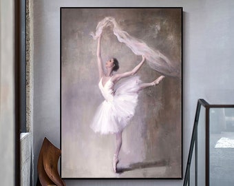 Ballerina Dipinto dipinto bianco su tela balletto dipinto ragazza ballerina arte da parete pittura vivaio per ragazza decorazione da parete pittura rosa