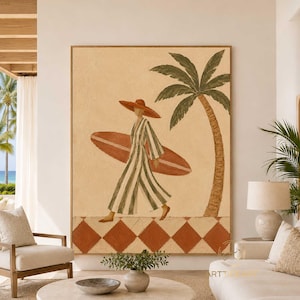 May include: A vertical wall art painting featuring a person in a wide-brimmed hat and a striped dress carrying a surfboard. The scene includes a palm tree and a floor with a red and white diamond pattern against a light beige background.