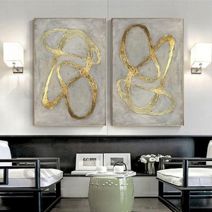 Gold Minimalist Abstract Painting Set of 2 Gold Wall Art Gold line Minimalist Painting Set of 2 White Abstract Painting Living Room Wall Art