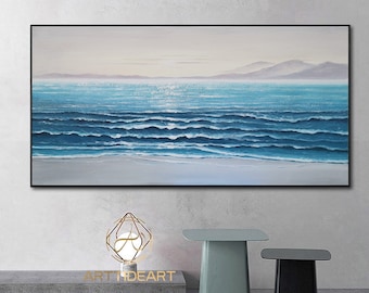 Large Ocean Abstract Painting Blue Ocean Abstract Painting Sea Wave Original painting beach sunset painting Sky Abstract Landscape Painting