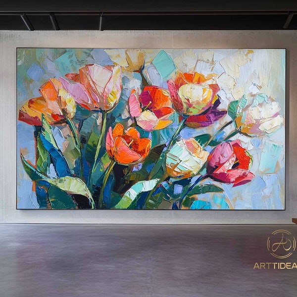 Pittura a olio floreale originale su tela, arte murale extra large Arte floreale astratta Pittura personalizzata Decorazione soggiorno minimalista Regalo Arte tulipano