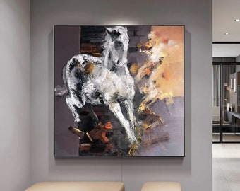 美しさと強さ、馬と海の油絵、キャンバスに描かれた白い馬のアート