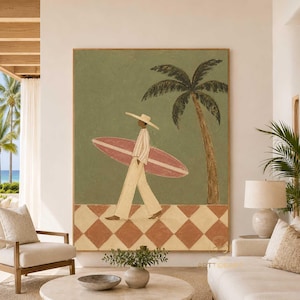 May include: A large rectangular wall art print featuring a person in a wide-brimmed hat and light-coloured clothing walking with a pink surfboard. The scene includes a palm tree against a muted green background and a terracotta-coloured checkered floor.