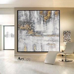 Huge Gold Abstract Painting: Modern Black, White & Gray Canvas Art