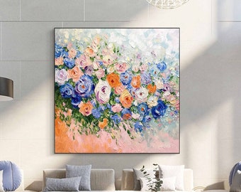 Abstract Flower Oil Painting on Canvas, Large Wall Art, Original Minimalist Pink Floral Art Custom Painting Boho Wall Decor Living Room