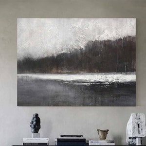 Black and White Abstract Landscape Painting: Minimalist Canvas Art