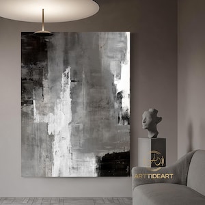 Pintura abstracta de gran tamaño sobre lienzo, pintura de lienzo de arte abstracto, arte minimalista, pintura en blanco y negro, arte abstracto en blanco y negro, lienzo