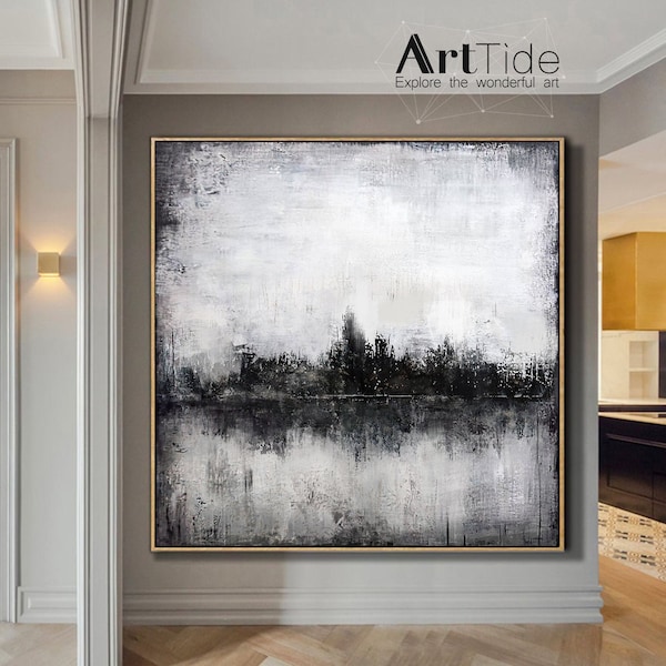 灰色の白い抽象絵画、特大地平線絵画、手作りの風景画、大抽象絵画、霧絵画、黒い白い絵画