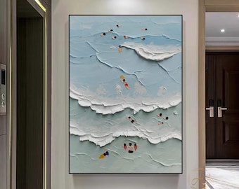 May include: Abstract painting of a blue ocean with white waves and small figures of people swimming. The painting has a textured, 3D effect.