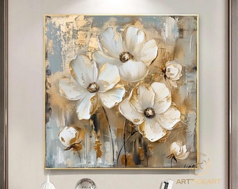 Large Original Gold Flower Oil Painting On Canvas, Canvas Wall Art, Abstract White Floral Painting,Custom Painting, Modern Living Room Decor