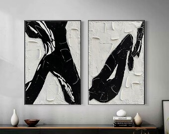 Framed Canvas Wall Art Set of 2 Black & White Geometric Stroke Decor 3D Textured art Abstract Art Modern Minimalist Wall Art Neutral Decor