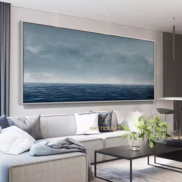 Blue Ocean Wave Landscape Oil Painting on Canvas, Large Abstract Custom Original Sea Beach Acrylic Painting Living Room Wall Art Home Decor