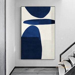Navy Blue Geometric Painting Minimalist Painting On Canvas, pure blue and white painting Livingroom Bedroom Extra Large Wall Art Framed