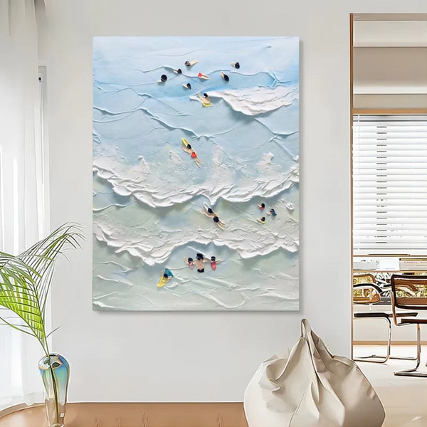 The Beach Joys Ocean Surfing Art Hand Painted Extra Large Heavy Textured 3D Minimalist Swimming Art Abstract Oil Painting Contemporary Art