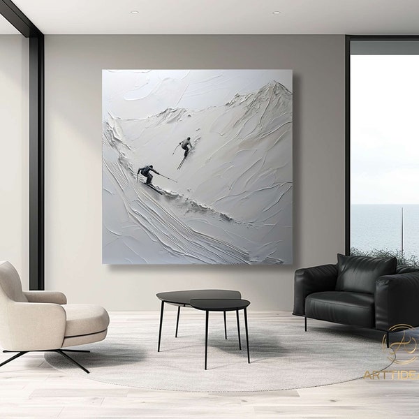 Original Gemälde auf Leinwand Leinwand Strukturierte Kunst Individuelle Malerei personalisierte Geschenk Skifahrer auf verschneiten Berg Kunst weißer Schnee Ski fahren Kunst