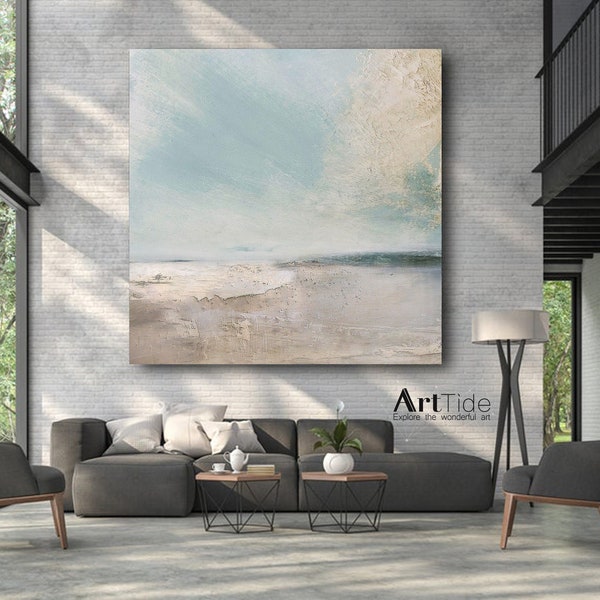 Coastal Beach Canvas Painting Original Sea Abstract Oil Painting White Waves Texture Painting Large Sky And Sea Painting living room canvas