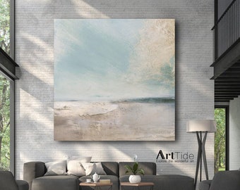 Seaside Serenity Canvas Artwork Ocean Abstract Oil Painting Coastal Waves Texture Large Sky Ocean Living Room Wall Art Beach House Decor