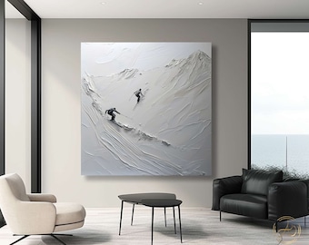 Original Ski Painting on Canvas: Snowy Mountain Textured Wall Art