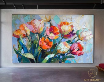 Original Flower Oil Painting on Canvas, Extra Large Wall Art Abstract Floral Art Custom Painting Minimalist Living Room Decor Gift Tulip art