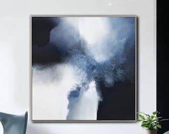 Extra Large Abstract Painting, Blue Ocean Canvas Art, Living Room Decor