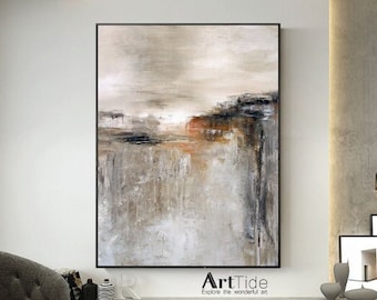 Large Abstract Landscape Painting: Beige, Orange, Black & White