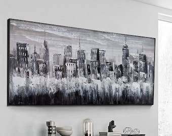 Large Original Abstract Cityscape Art,Cityscape Painting,Black And White Urban Canvas Art,Large Abstract Painting,New York Skyline