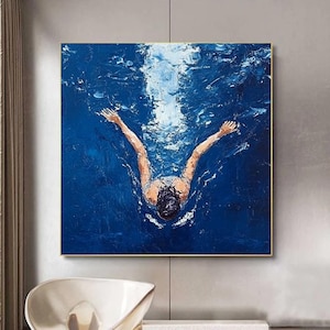 Swimming Painting Blue Textured Wall Art Swimmers Gift Blue Minimalist Painting Swimming Pool Painting Swimming Art Blue Ocean Painting