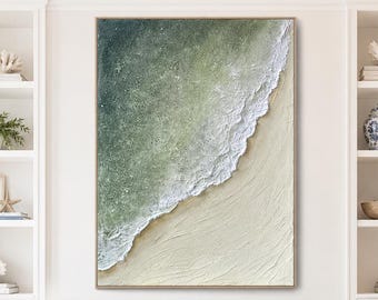 Textured Green Seascape Painting: 3D Plaster Painting Coastal Wall Art