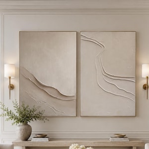 Set med 2 stora väggkonstverk i ren beigevitt, 2-delat beige målning på duk, 3D-texturerad väggkonst, beige canvastavla, 2-set beige minimalistisk konst