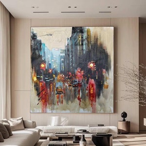 Stad landschapskunst, grote abstracte stadsgezichten, vintage laan schilderij, stedelijke muur kunst, straat winter schilderij, stedelijk architectonisch landschap