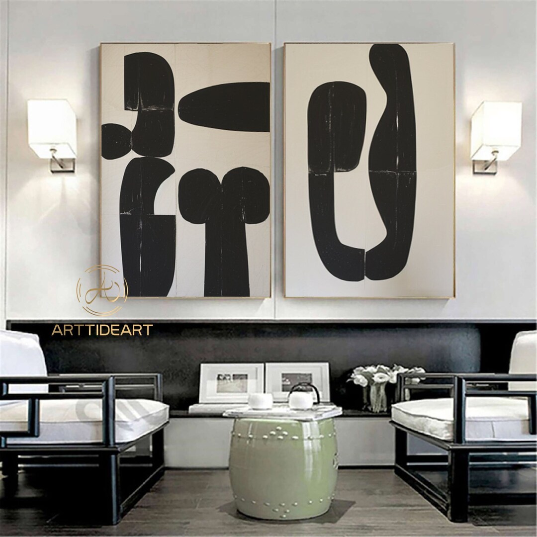 Wabi Sabi Wall Art Beige Black Abstract Painting on Canvas Set of 2 ...