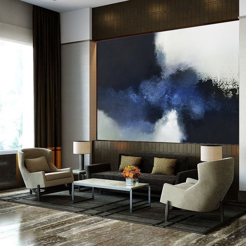 Ocean Painting,Black White Painting,Large Abstract Painting Blue Abstract Painting Horizontal Wall Art,Handmade Art,Blue Oil Painting