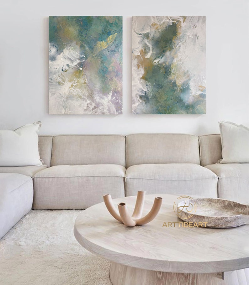 Set of 2 Pieces Painting on Canvas Green Painting Set of 2 Etsy