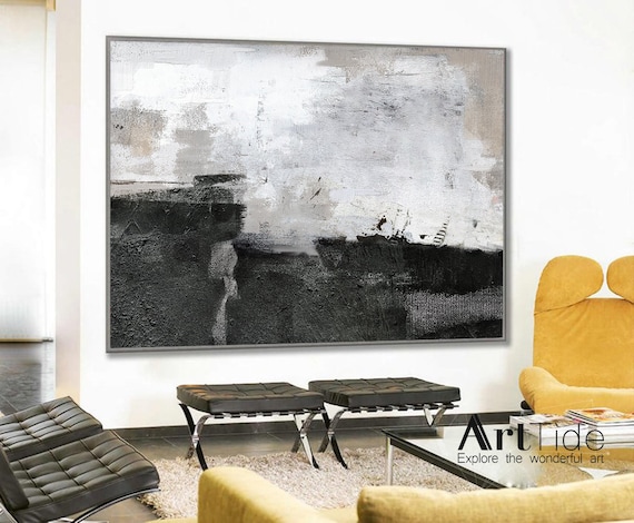 peinture originale tableau abstrait moderne gris beige noir blanc, déco  murale