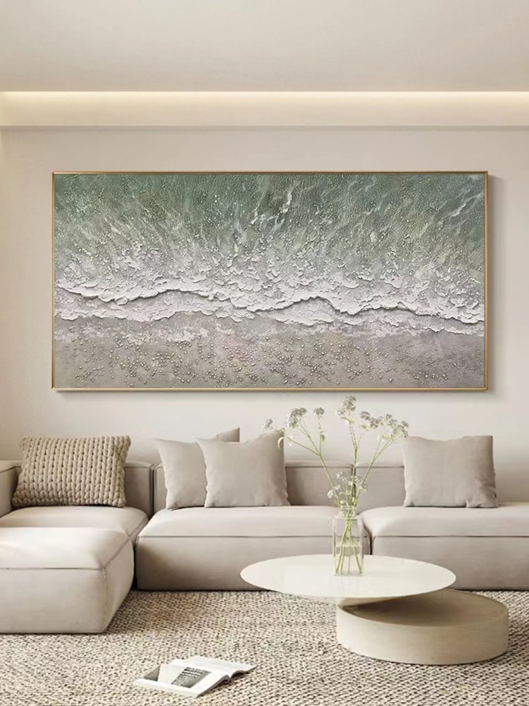 Large 3D Textured Coastal Wall Art Framed Green Beach Painting Ocean