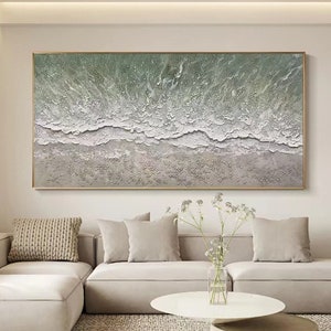 Large 3D Textured Coastal Wall Art Framed Green Beach Painting Ocean Acrylic Painting Abstract Sea Wall Art Beach Canvas Painting Wall Decor