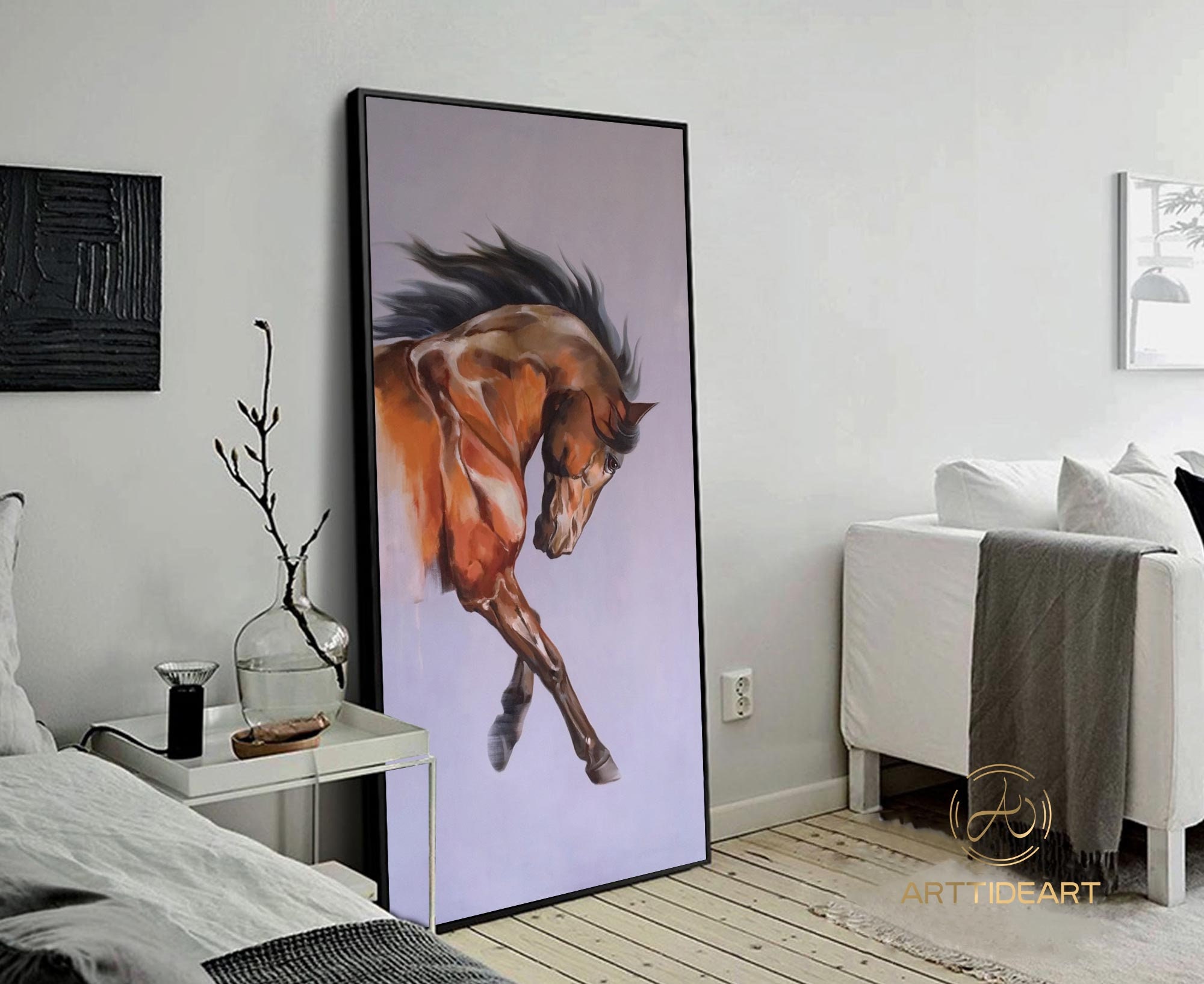 大きな抽象的な茶色の馬の油絵：オリジナルの動物アート（40x24インチ