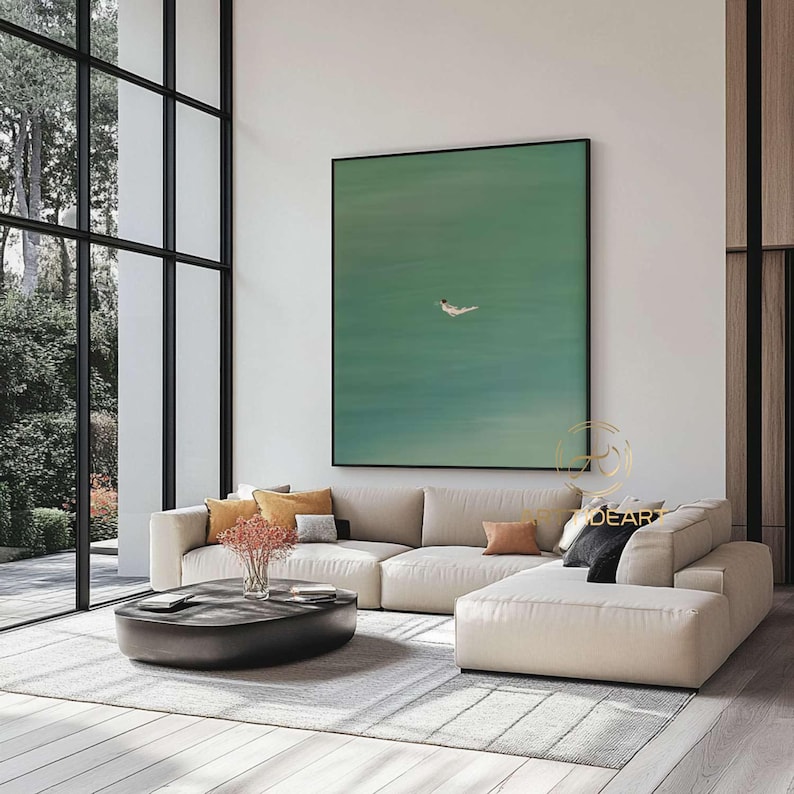 Green Abstract Art: Girl Swimming Oil Painting, Minimalist Wall Decor image 5