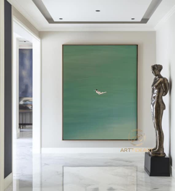 Green Abstract Art: Girl Swimming Oil Painting, Minimalist Wall Decor