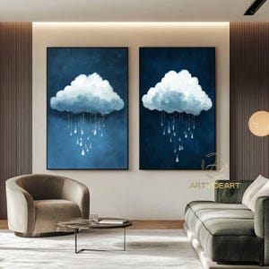 Navy Blue Abstract Painting Original Cloud Wall Art Set of 2 Paintings Modern Minimalism Painting Blue Canvas Painting White Cloud Painting