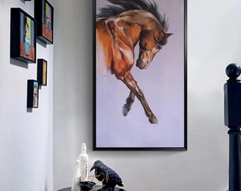 大きな抽象的な茶色の馬の油絵：オリジナルの動物アート（40x24インチ