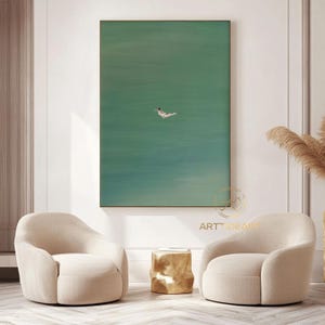 Green Abstract Art: Girl Swimming Oil Painting, Minimalist Wall Decor image 2