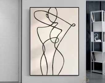 Beige Abstract Line Painting: Minimalist Black and White Art