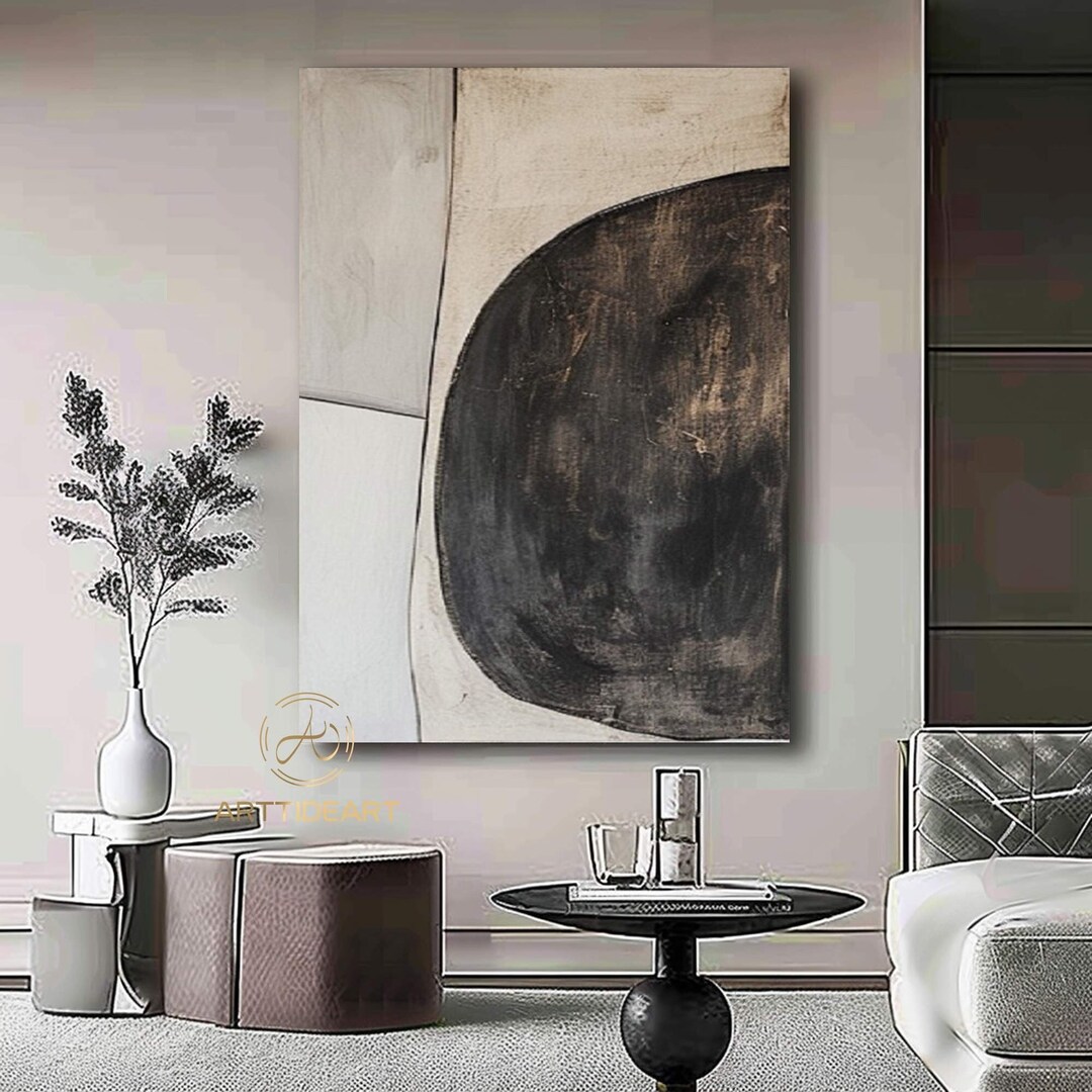 Beige Abstract Painting: Black Minimalist Textured Canvas Wall Art - Etsy