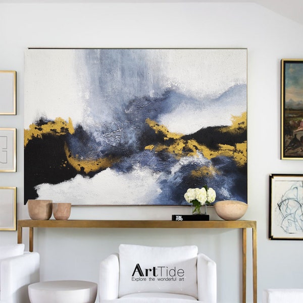 Large Abstract Painting Original,Blue Abstract Painting Gold Painting,Minimalist Art,Black And White Painting, Large Wall Canvas Painting