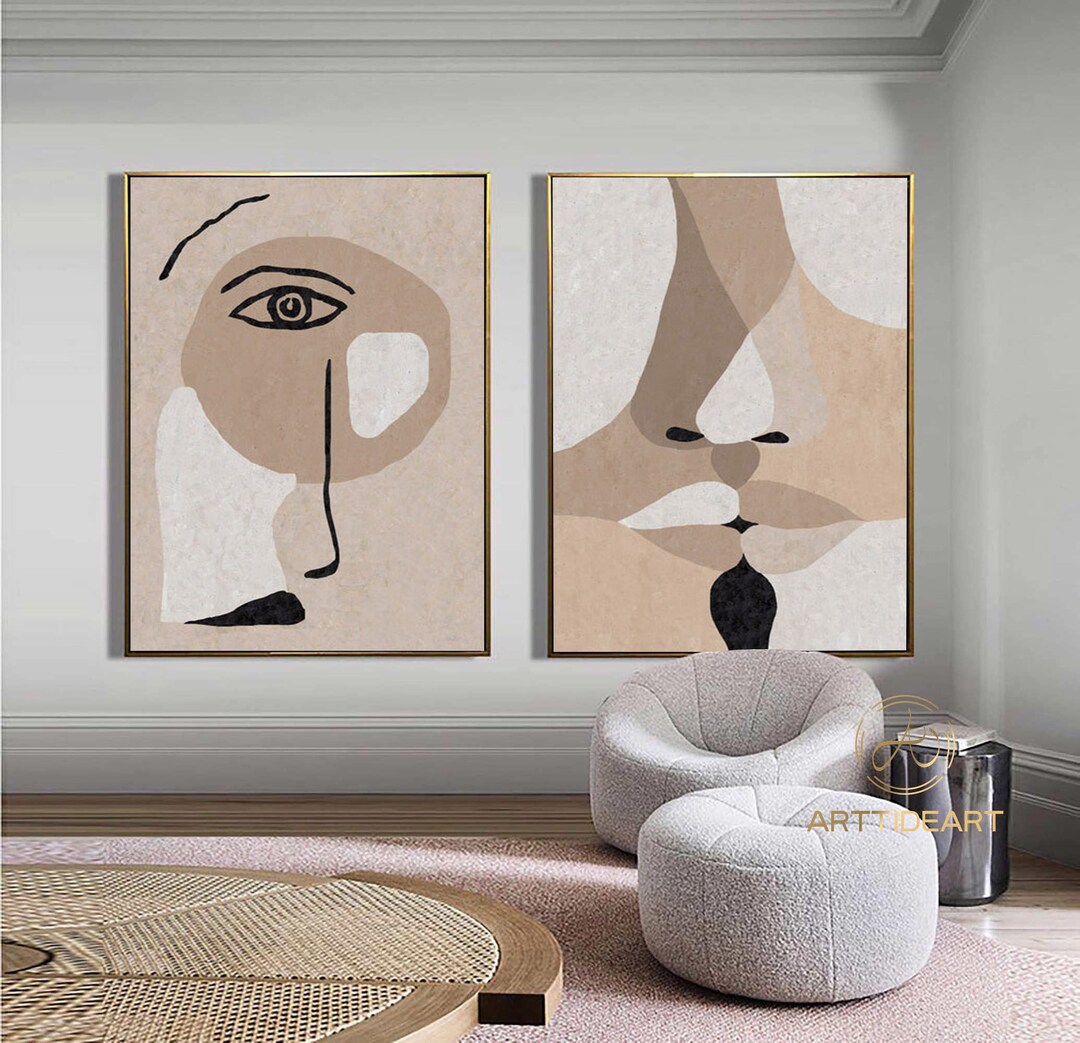 Beige Minimalist Canvas Painting Set of 2 Black and White Abstract Art ...
