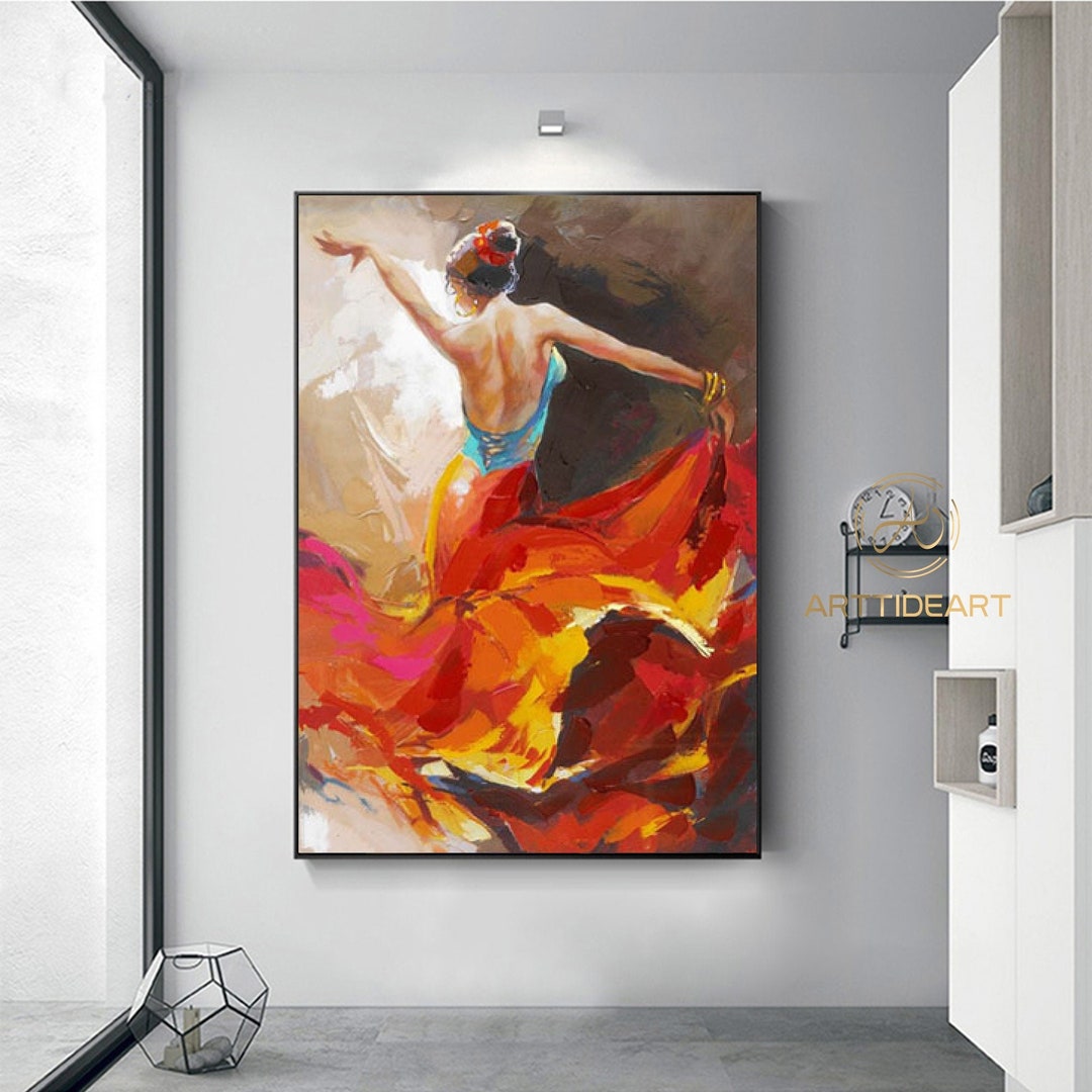 フラメンコダンサーの絵画 踊る少女の油絵 抽象モダンアート