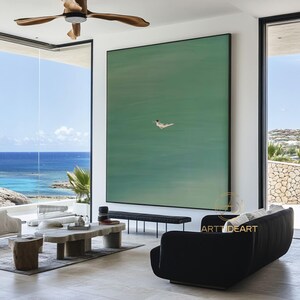 Green Abstract Art: Girl Swimming Oil Painting, Minimalist Wall Decor image 4